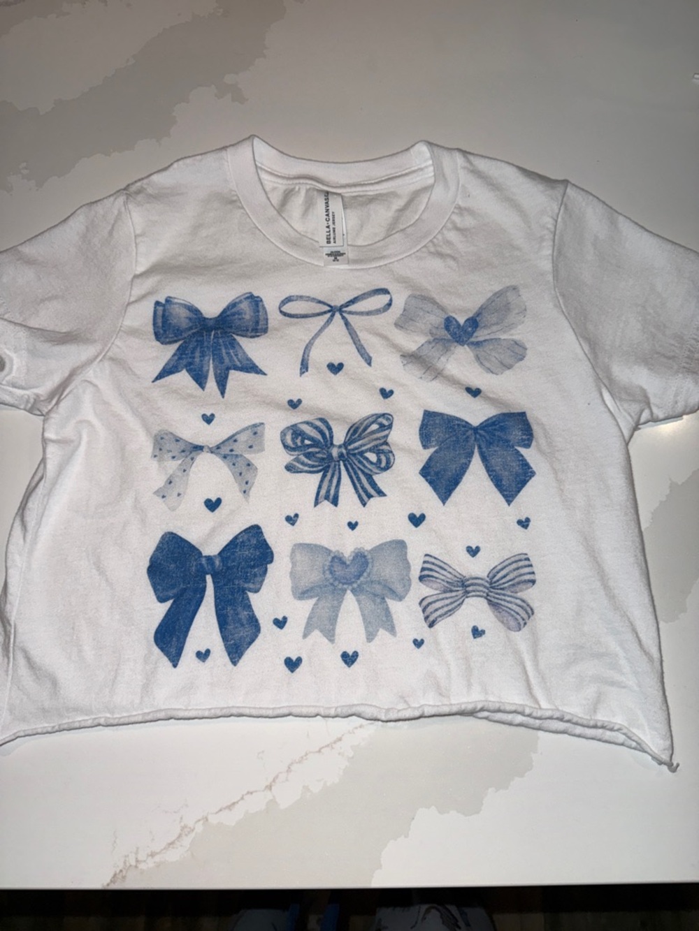 Girls White Tee with Blue Bow Pattern - Casual Kids Top size Medium 10/12